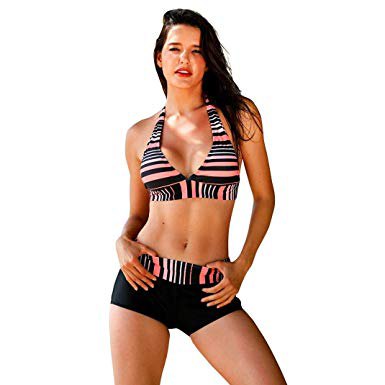 black and blushing pink swimsuit top with matching striped swim shorts