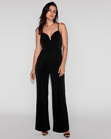 formal jumpsuit with black spaghetti strap and heart-shaped neckline and open toe heels