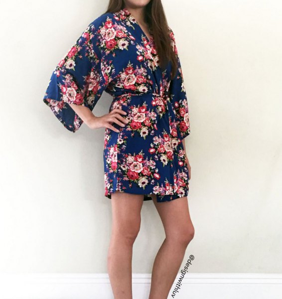 Navy and gray chiffon mini dress with floral pattern