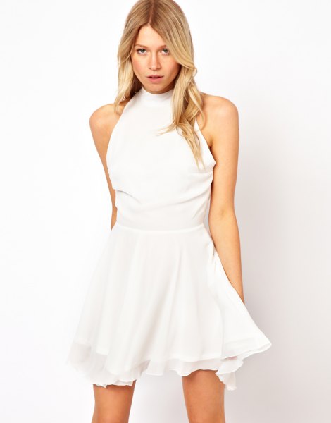 white mock neck fit and flare mini skater dress