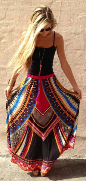 black tank top with scoop neck and blue and red printed maxi gypsy skirt