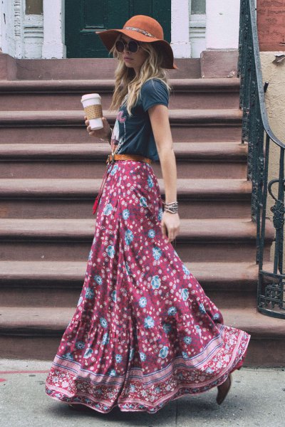 gray t-shirt with floor-length, flowing printed skirt