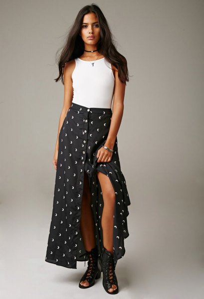 white tank top with dotted maxi skirt with high slit