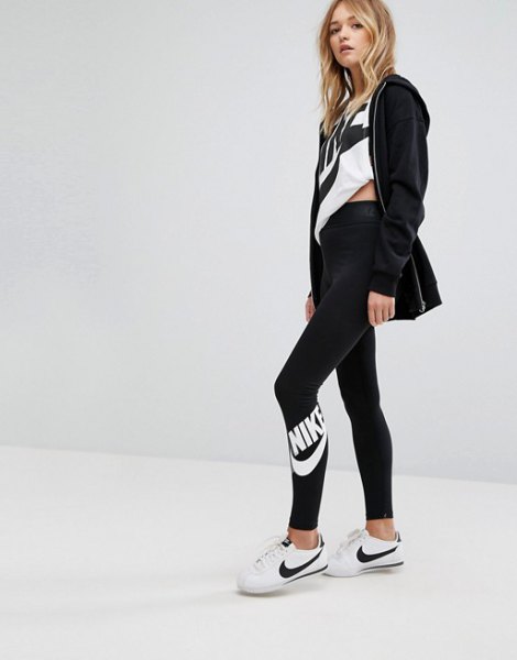 black cardigan with white t-shirt and high-waisted Nike leggings