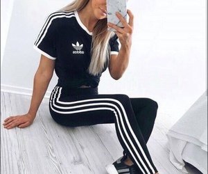 Black and white t-shirt with matching adidas leggings