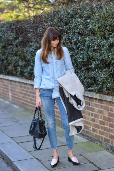 Light blue chambray shirt with short skinny jeans and black and white loafers