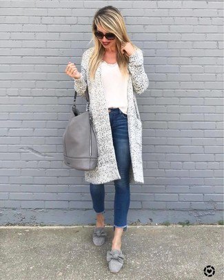 Longline cardigan with a white t-shirt and detailed gray evening shoes