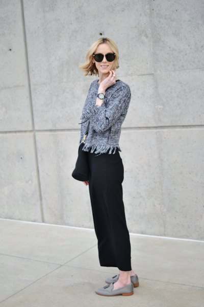 gray cardigan with black wide-leg trousers and suede loafers