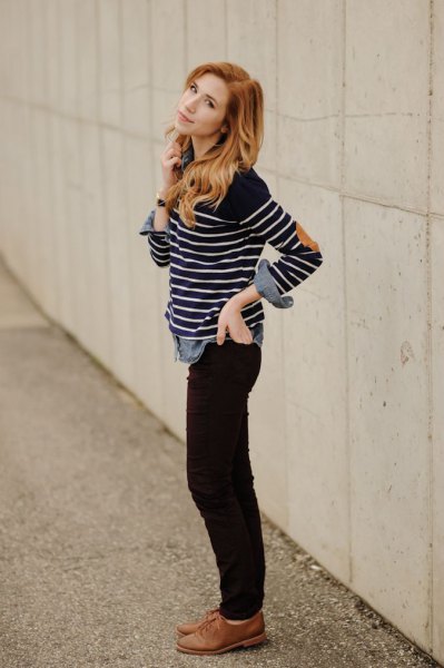 black and white striped long sleeve t-shirt with brown oxford shoes