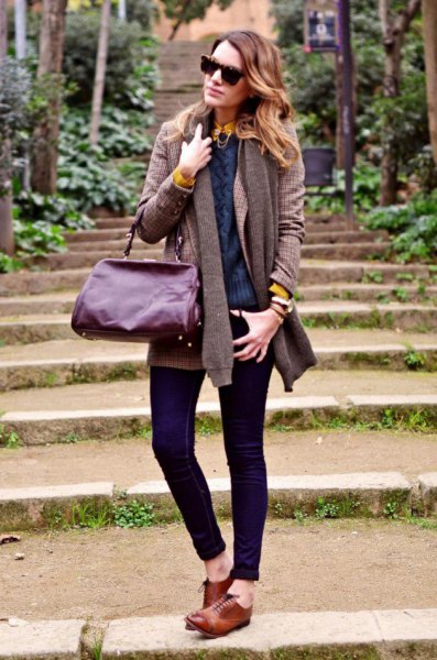 gray ribbed knit sweater with knitted scarf and brown buck shoes