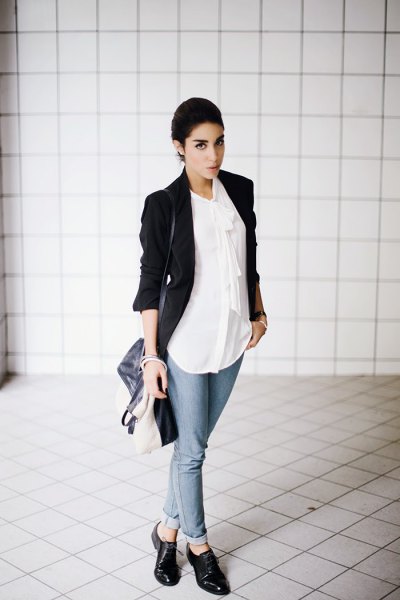 black blazer with white chiffon shirt and leather shoes