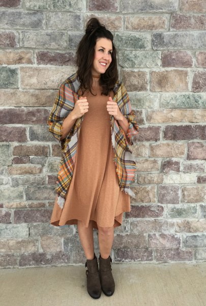 brown midi swing dress with checkered blanket scarf