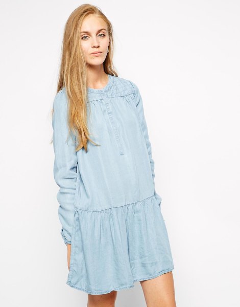 Light blue mini long sleeve shift dress with a relaxed fit