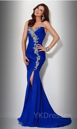 Royal blue and silver sweetheart neckline high slit mermaid dress