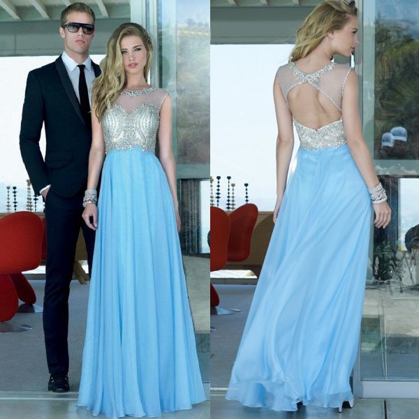 silver and light blue, flowing maxi dress with open back