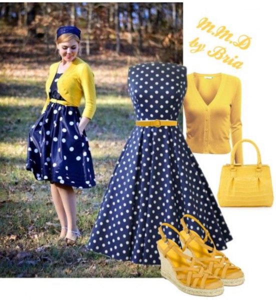blue dotted dress with yellow short knitted sweater