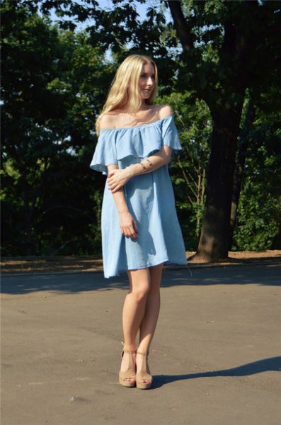 off-the-shoulder light blue mini shift denim dress with sandals
