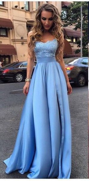 light blue fit and flared evening dress made of lace and silk