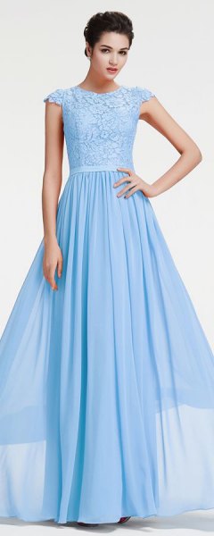 light sky blue cap sleeves fit and flare floor length evening dress