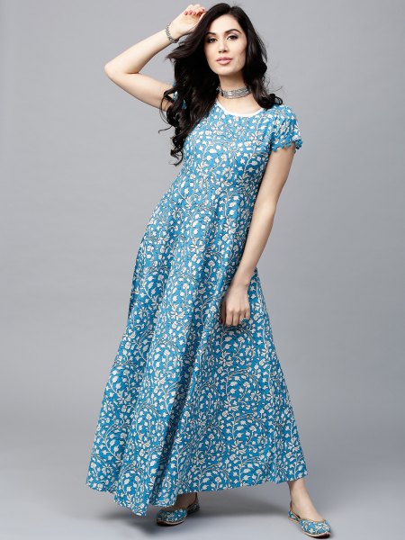 aqua blue and white polka dot maxi dress with padding and collar