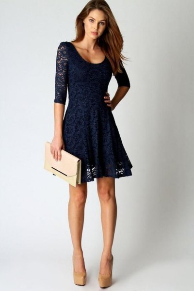 half sleeve with scoop neck and flared night blue mini dress made of lace