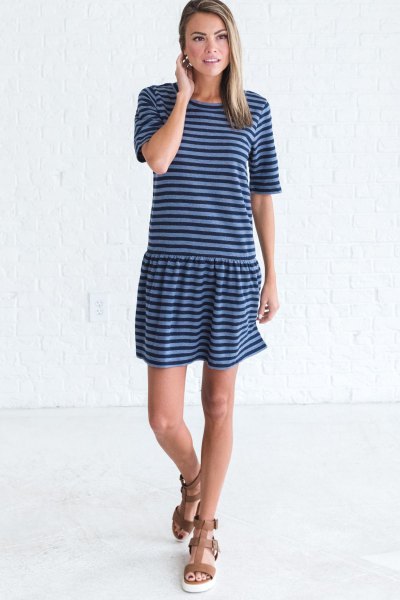 dark and light blue striped t-shirt dress with brown sandals