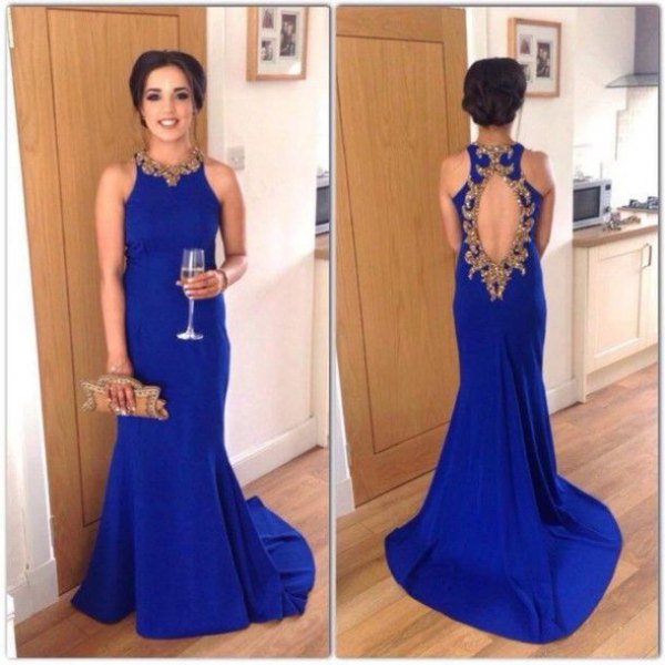sleeveless royal blue dress with open back