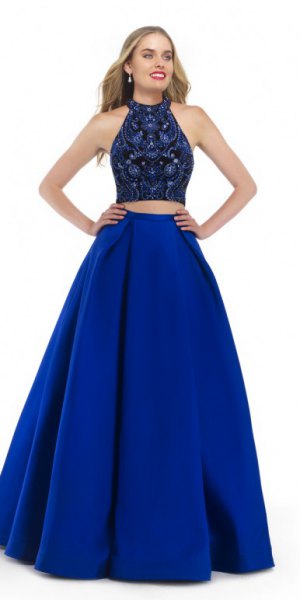 two-piece, floor-length dress in black and royal blue