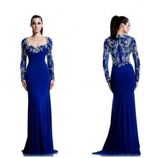 Royal blue and silver floor-length flowing chiffon dress with V-neck