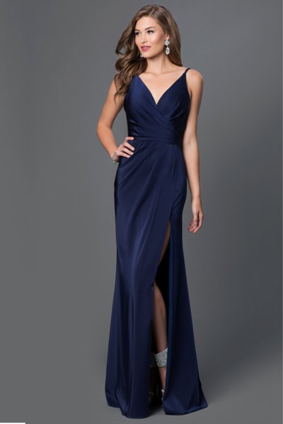 High split navy blue maxi silk dress with V-neck