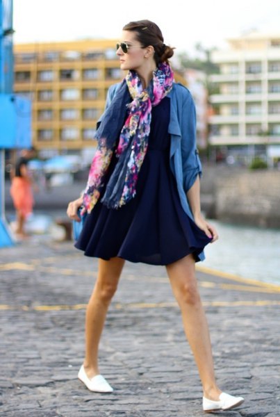 Navy mini swing dress with blue casual blazer