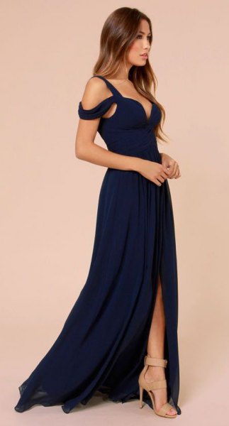 dark blue cold shoulder deep v-neck maxi dress with high slit