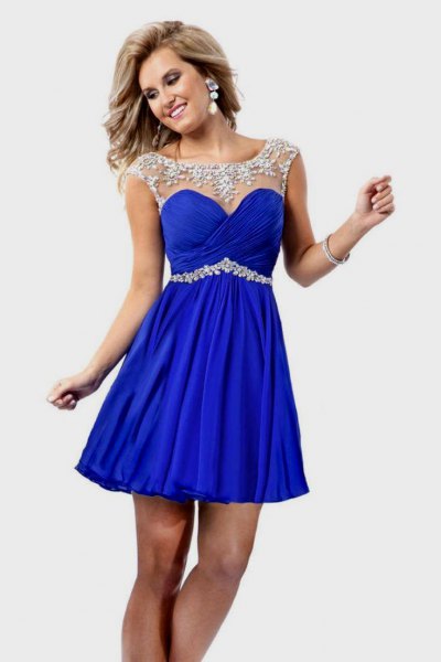 silver and royal blue fit and flares mini dress with belt