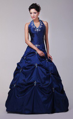 Halter dark blue fit and floor-length dress with flared flare