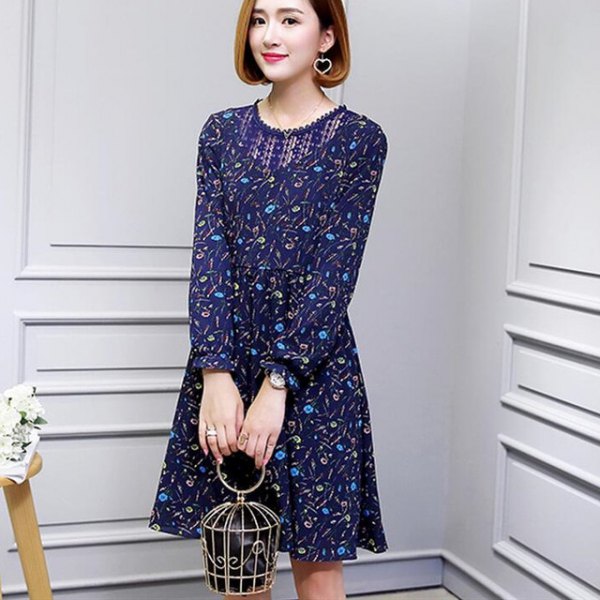 dark royal blue mini swing dress with floral pattern