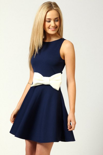 Fit and flare band waist navy blue short dress