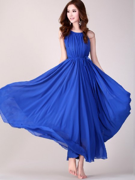 Pleated royal blue sleeveless fit and flared maxi dress