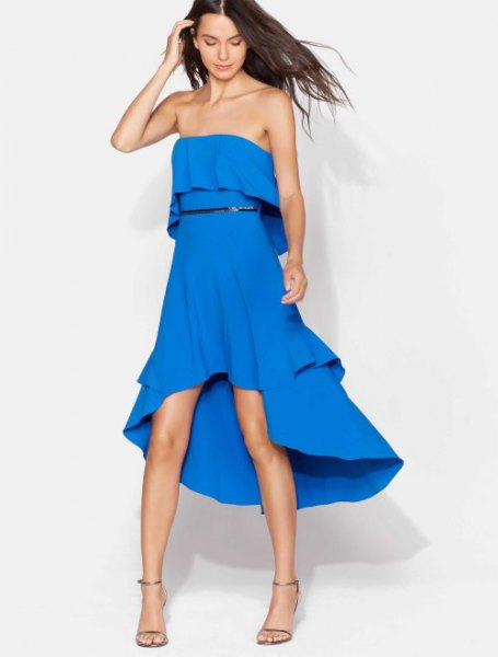 strapless high low midi summer dress with open toe heels