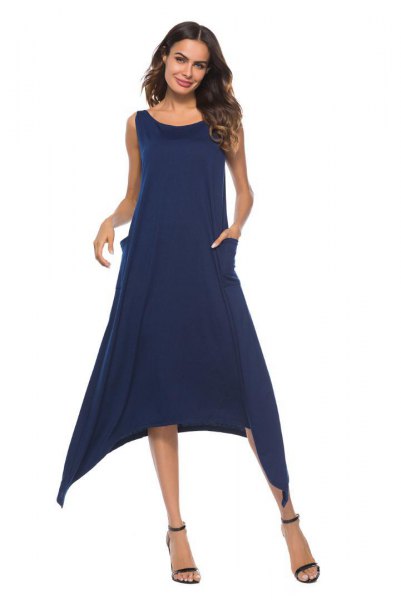 Dark blue sleeveless midi swing dress with open toe heels