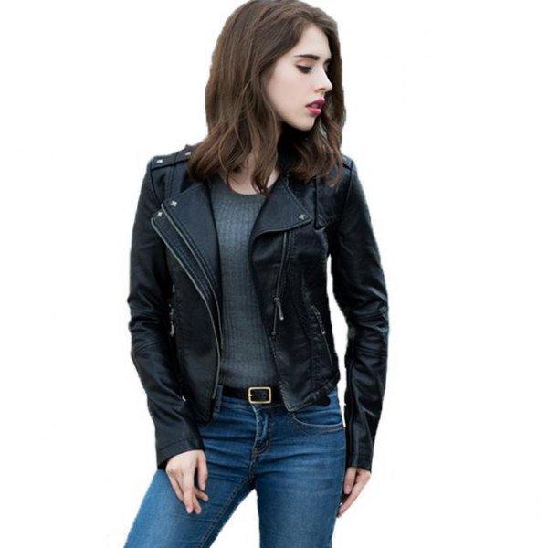 black moto jacket with a ribbed, form-fitting knitted sweater