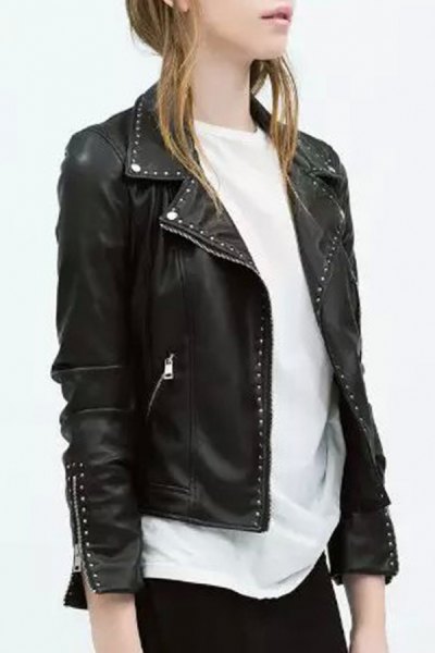 black punk leather studded jacket with white, oversized T-shirt