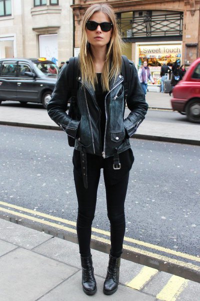 black jacket with matching skinny jeans and leather boots