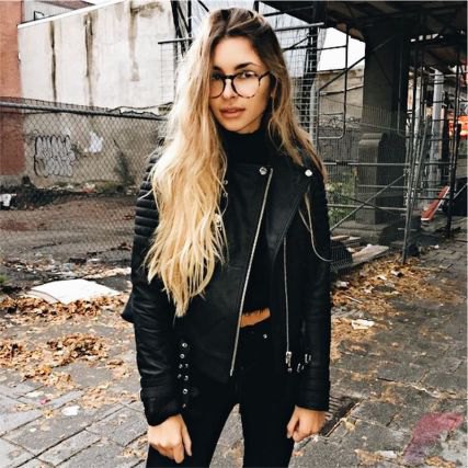 black leather jacket with matching crop top