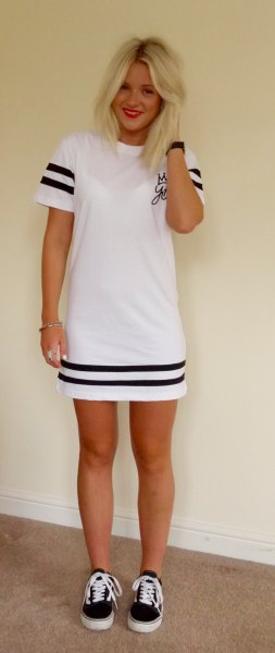 white and black striped shirt dress with canvas sneakers