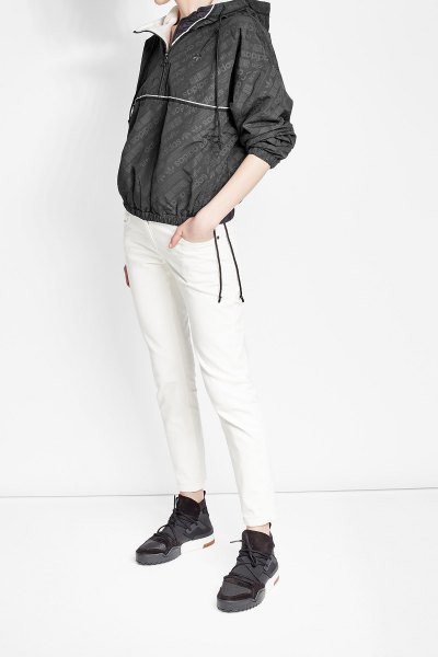 black jacket with white, narrow windbreaker