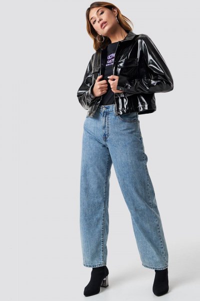 black short shiny jacket with blue mom jeans
