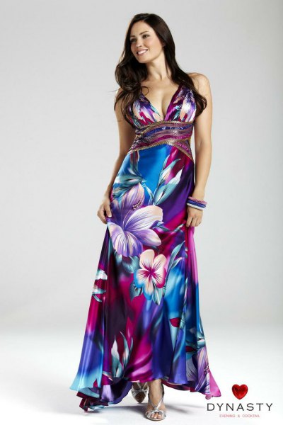 blue and white floral printed Hawaiian wedding dress with deep v-neck