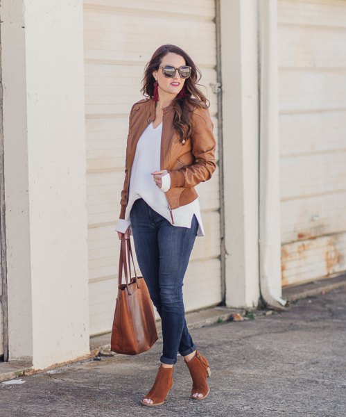 Oversized chiffon blouse with leather jacket and open toe ankle boots in camel suede