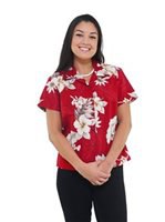 Hawaiian shirt with red and white floral pattern and black skinny jeans