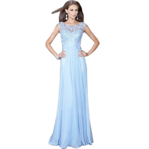 floor-length chiffon dress with lace fit and flap